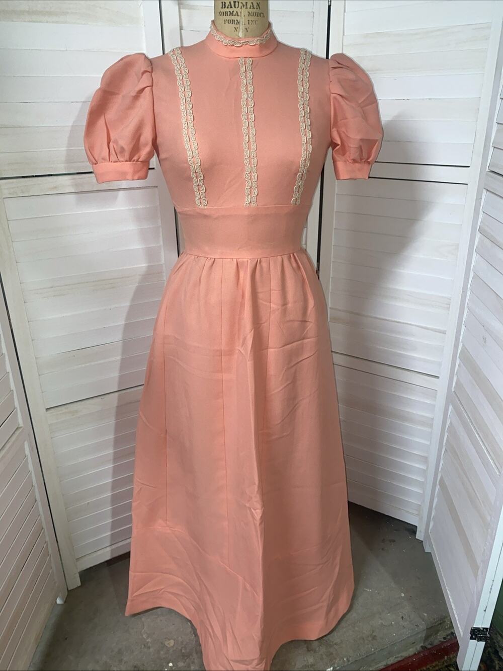 Vintage Handmade 60s Peach Maxi Hostess Fitted Sheath Short Sleeve Sz Small